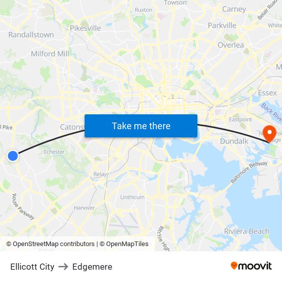 Ellicott City to Edgemere map