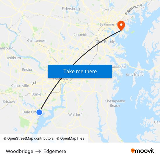 Woodbridge to Edgemere map