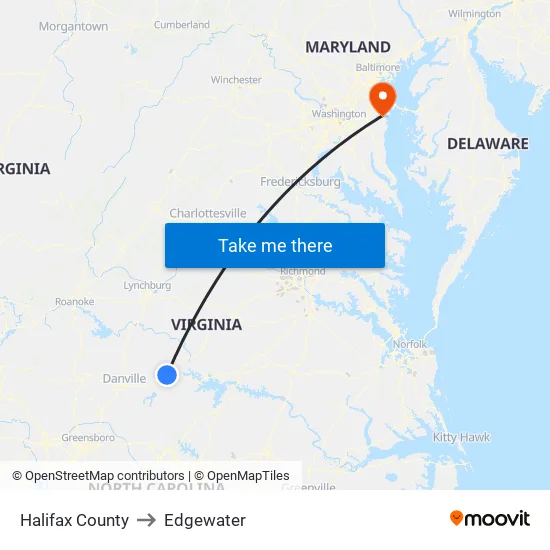 Halifax County to Edgewater map