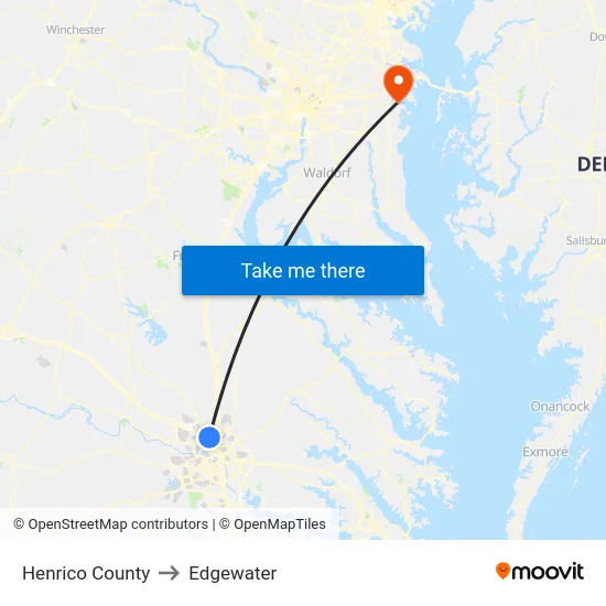 Henrico County to Edgewater map