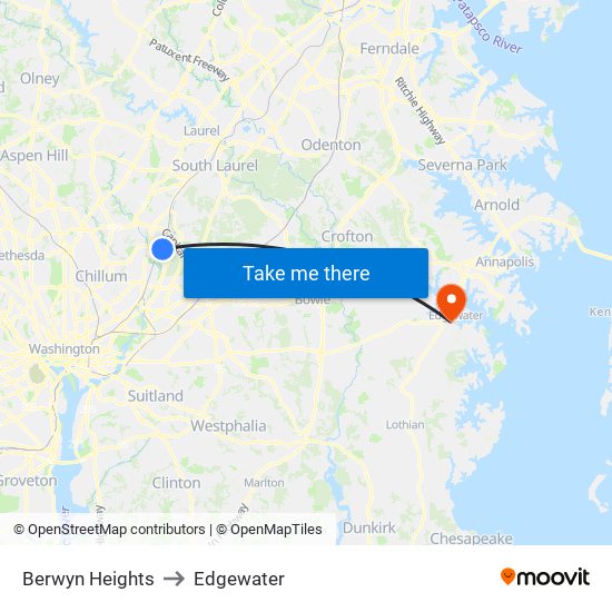Berwyn Heights to Edgewater map