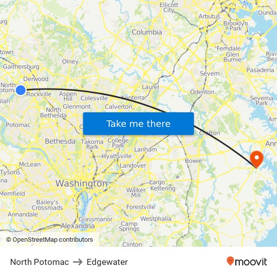 North Potomac to Edgewater map