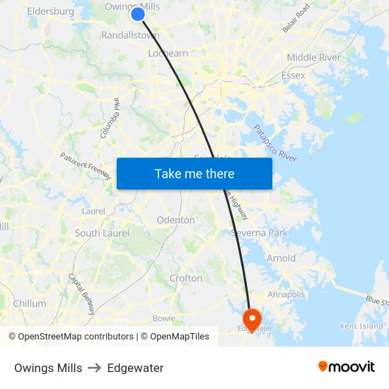 Owings Mills to Edgewater map