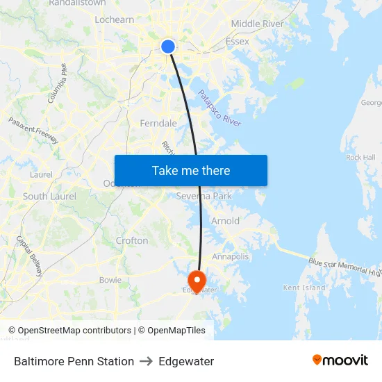 Baltimore Penn Station to Edgewater map