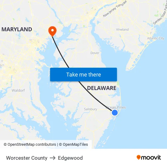 Worcester County to Edgewood map