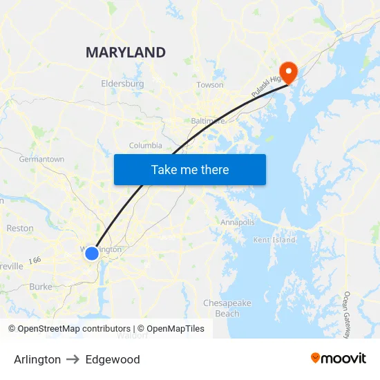 Arlington to Edgewood map