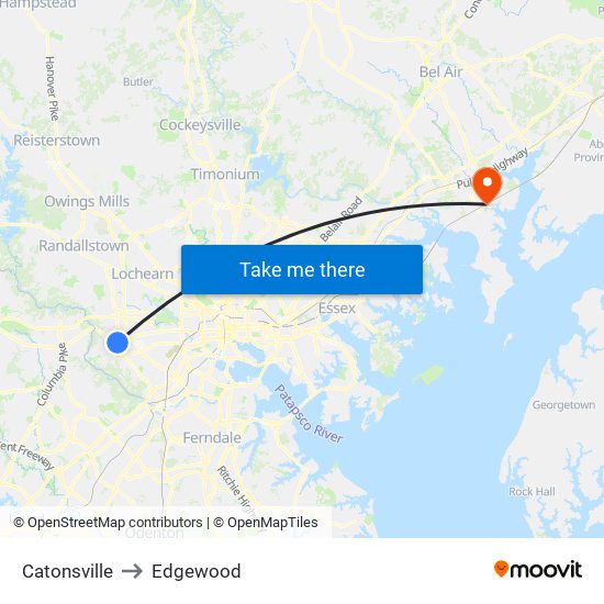 Catonsville to Edgewood map