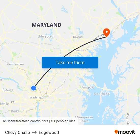 Chevy Chase to Edgewood map