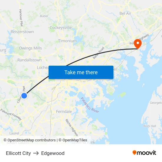 Ellicott City to Edgewood map