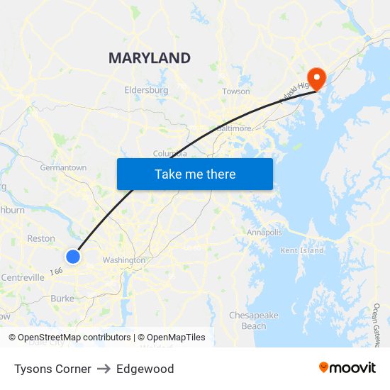 Tysons Corner to Edgewood map