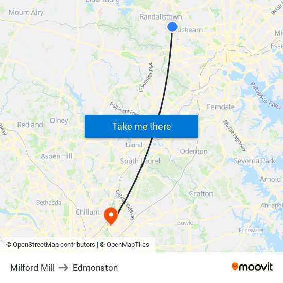 Milford Mill to Edmonston map