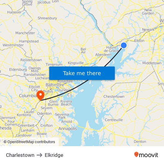 Charlestown to Elkridge map