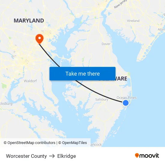 Worcester County to Elkridge map