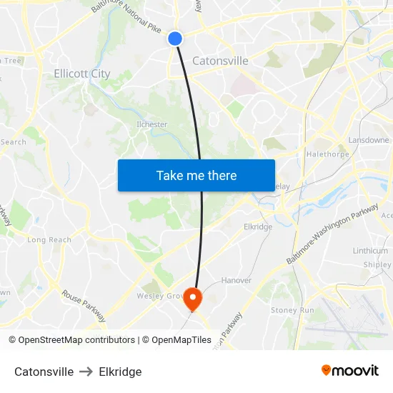Catonsville to Elkridge map