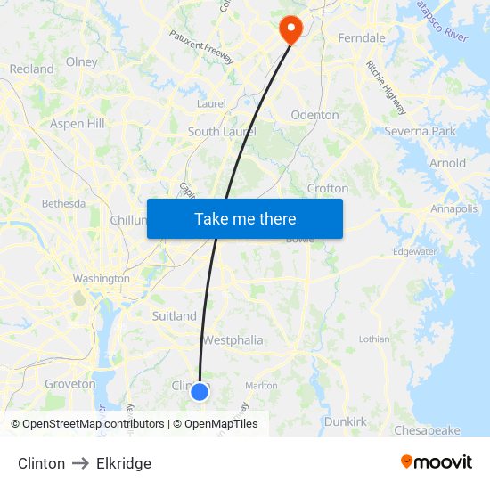 Clinton to Elkridge map