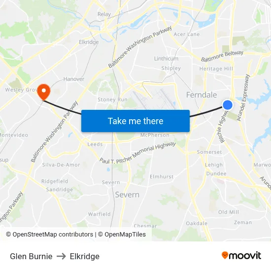 Glen Burnie to Elkridge map