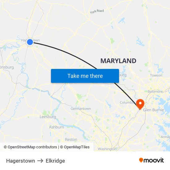 Hagerstown to Elkridge map