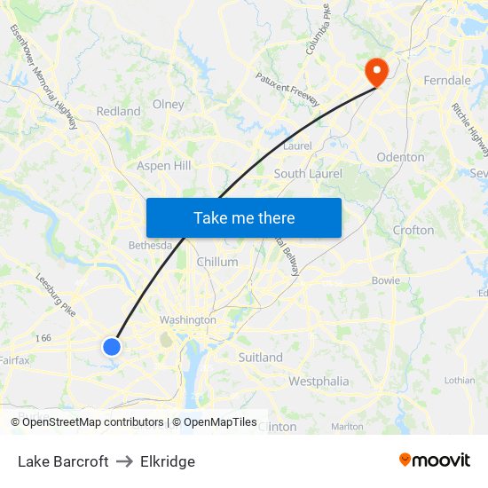 Lake Barcroft to Elkridge map