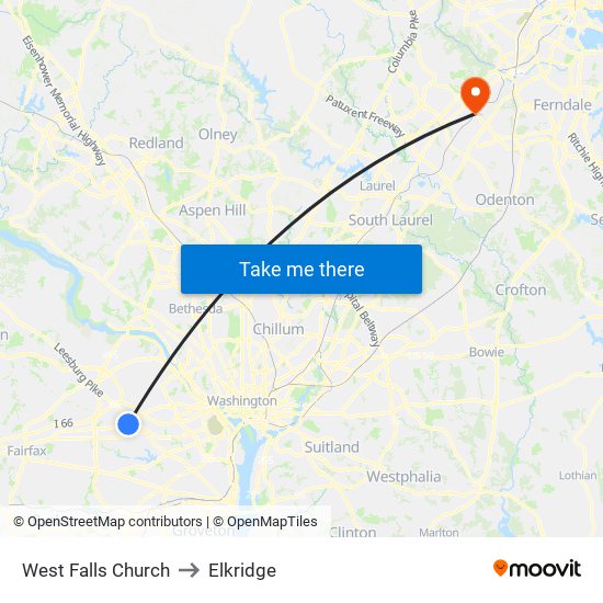 West Falls Church to Elkridge map