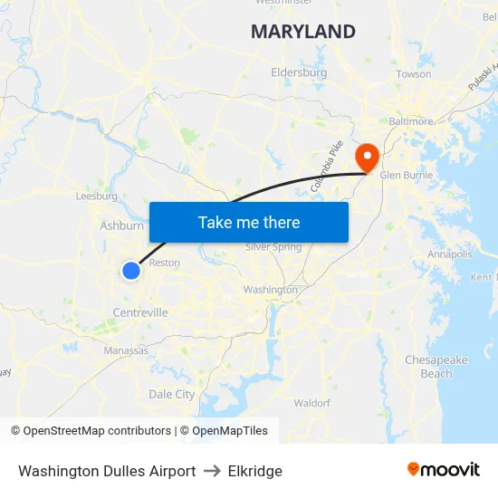 Washington Dulles Airport to Elkridge map
