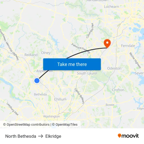 North Bethesda to Elkridge map