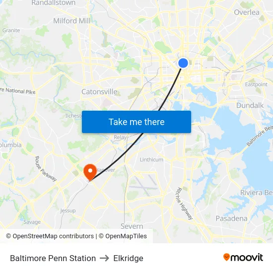 Baltimore Penn Station to Elkridge map