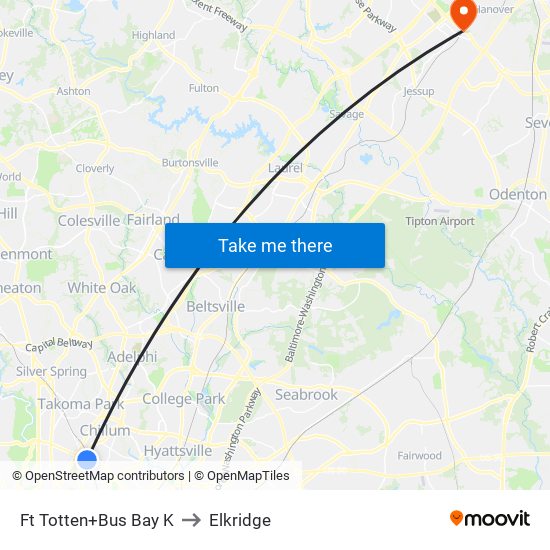 Fort Totten+Bay K to Elkridge map