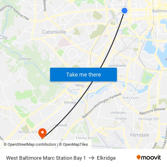 West Baltimore Marc Station Bay 1 to Elkridge map