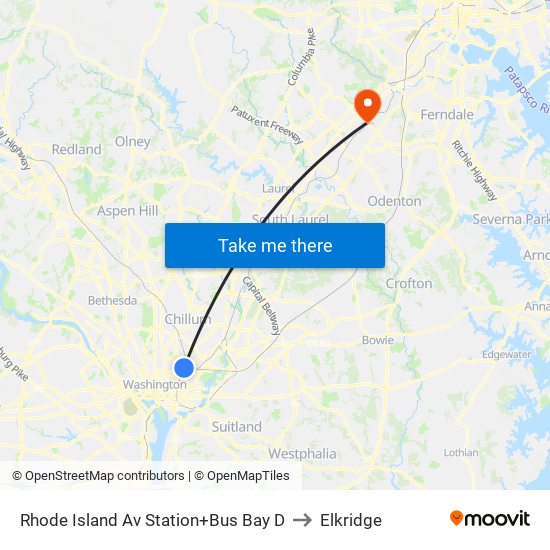 Rhode Island Av Station+Bus Bay D to Elkridge map