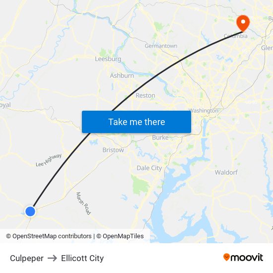 Culpeper to Ellicott City map