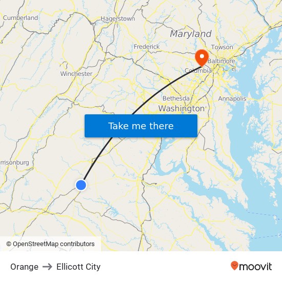 Orange to Ellicott City map