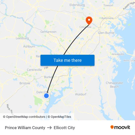 Prince William County to Ellicott City map