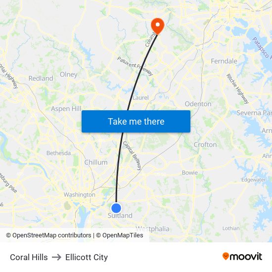 Coral Hills to Ellicott City map