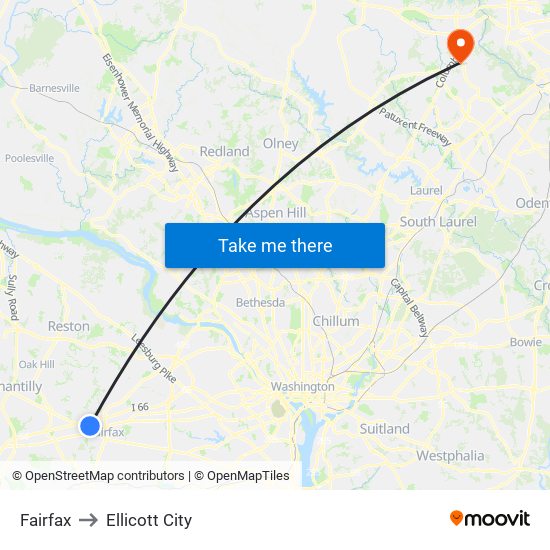 Fairfax to Ellicott City map