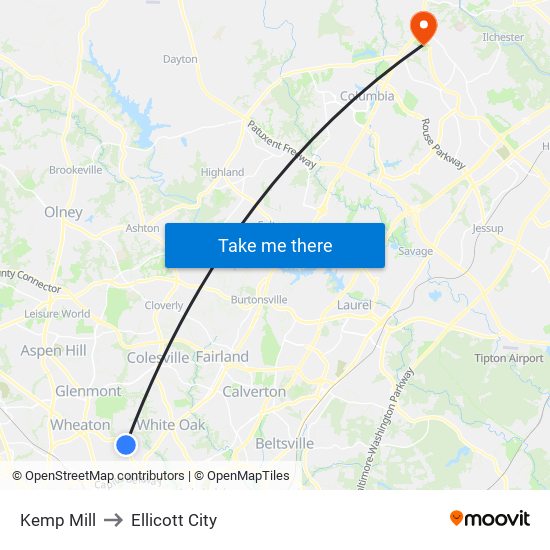 Kemp Mill to Ellicott City map