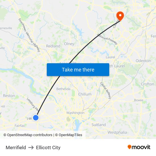 Merrifield to Ellicott City map