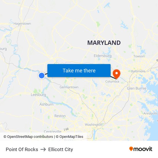 Point Of Rocks to Ellicott City map