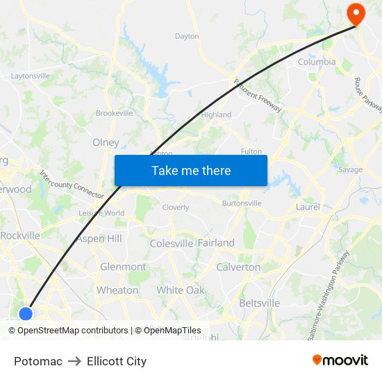 Potomac to Ellicott City map