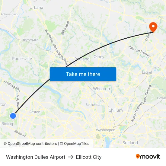 Washington Dulles Airport to Ellicott City map