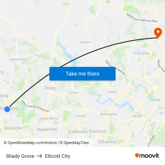 Shady Grove to Ellicott City map
