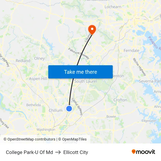 College Park-U Of Md to Ellicott City map