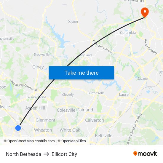 North Bethesda to Ellicott City map