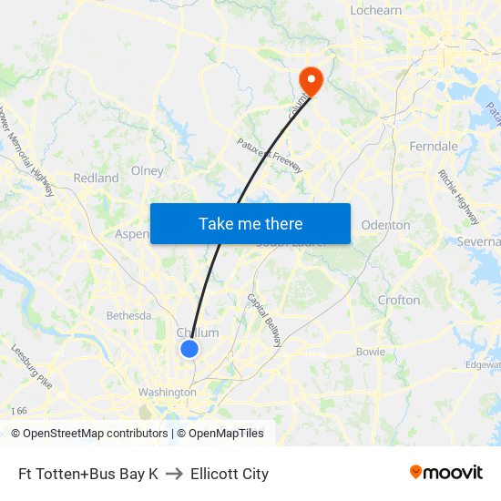 Fort Totten+Bay K to Ellicott City map