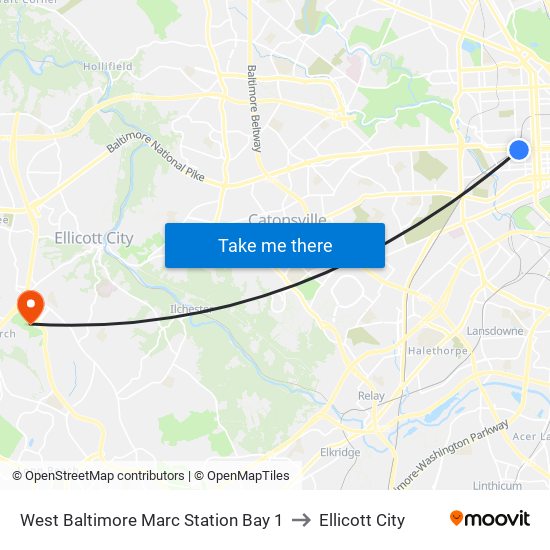 West Baltimore Marc Station Bay 1 to Ellicott City map