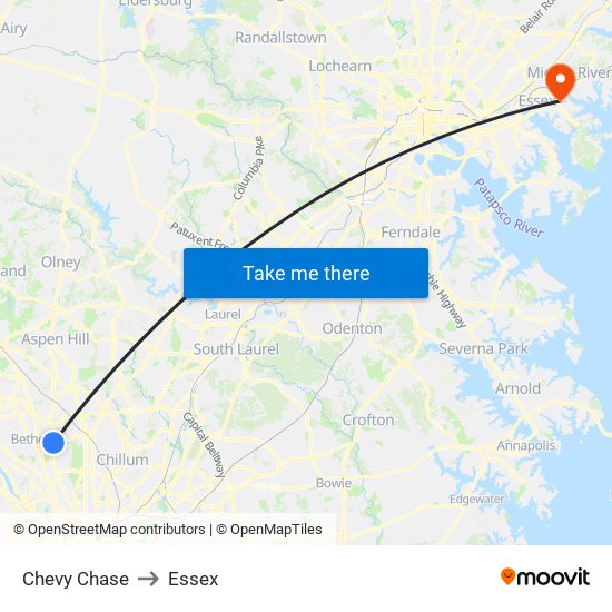 Chevy Chase to Essex map
