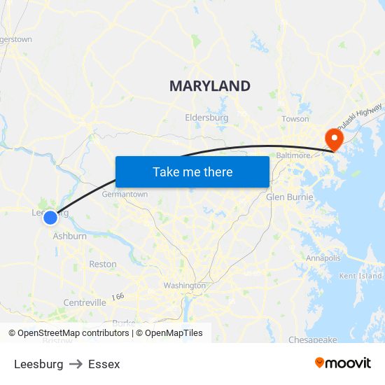 Leesburg to Essex map