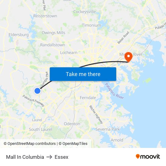 Mall In Columbia to Essex map