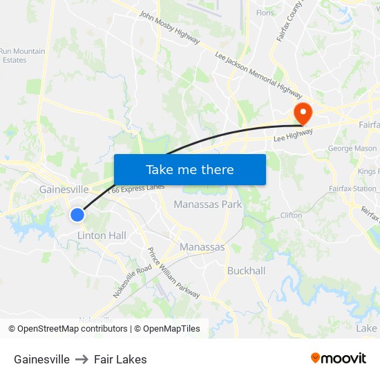 Gainesville to Fair Lakes map