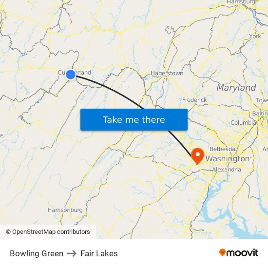 Bowling Green to Fair Lakes map