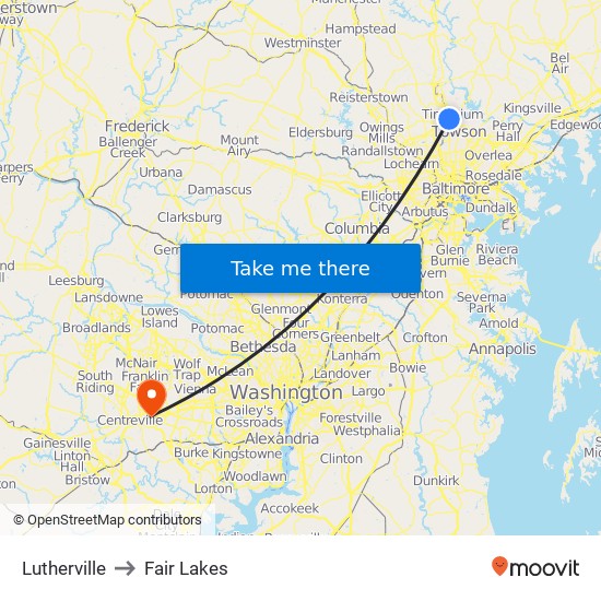 Lutherville to Fair Lakes map